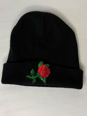Black Beanie with Red Rose Embroidery